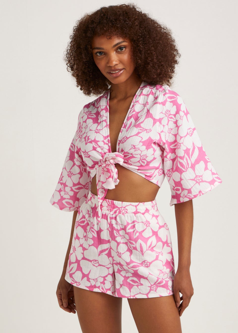 Pink & White Print Co-Ord Beach Shorts