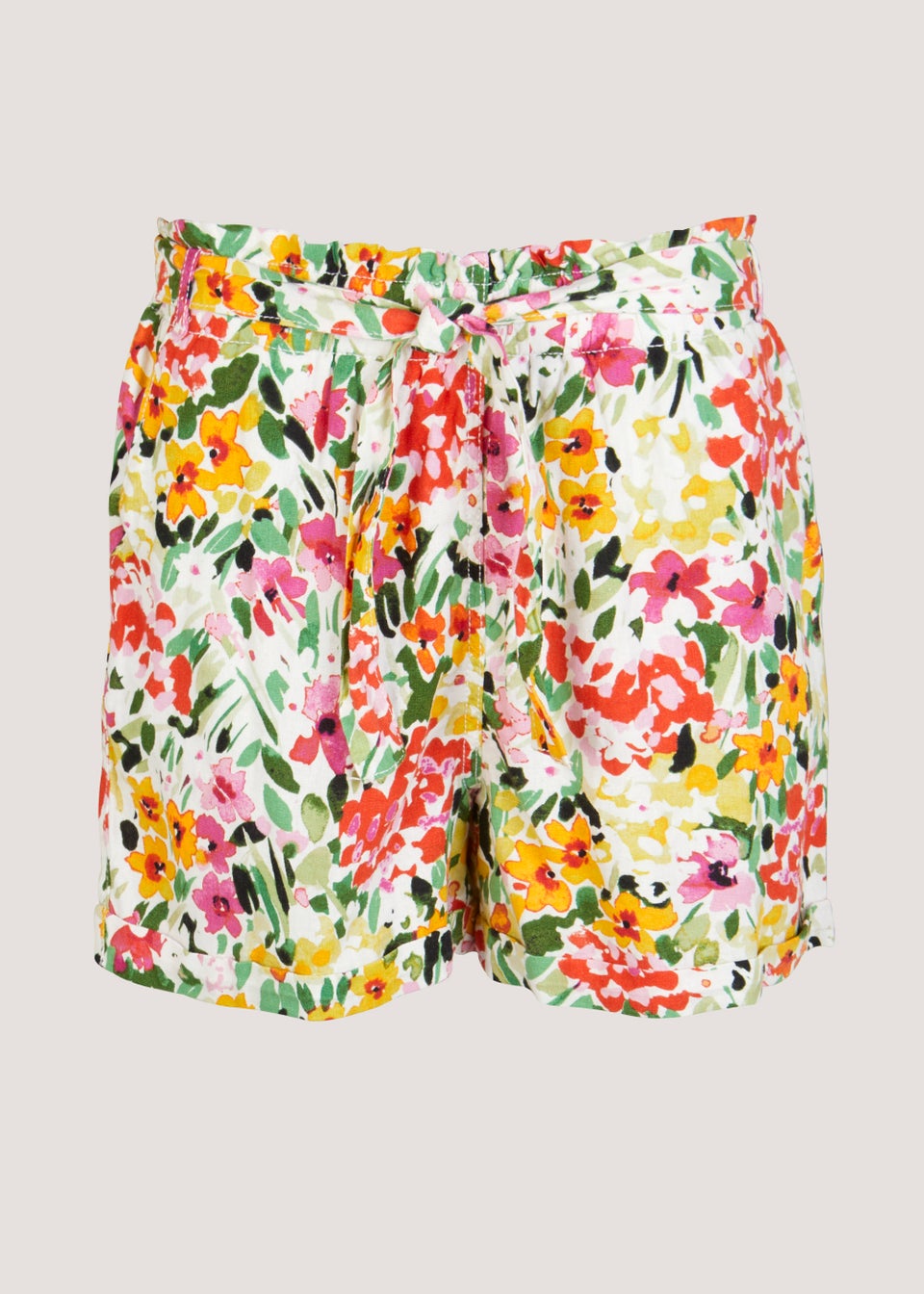 Multicoloured Floral Linen Blend Tie Waisted Shorts