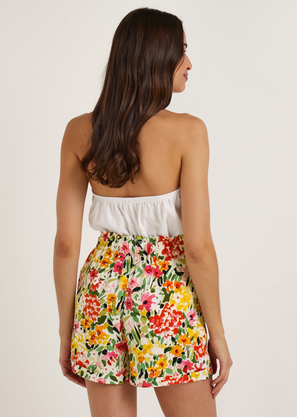 Multicoloured Floral Linen Blend Tie Waisted Shorts