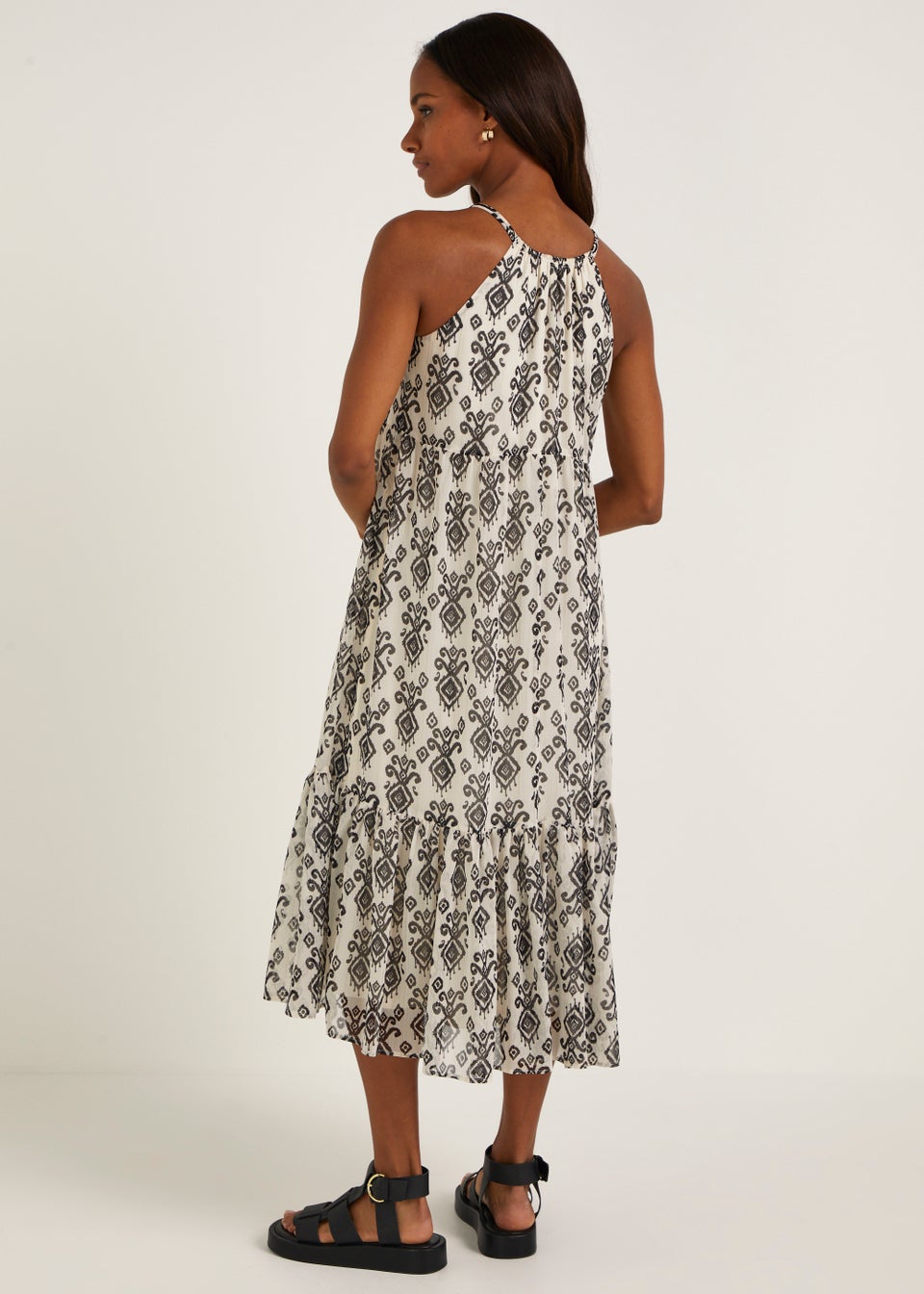 White Monochrome Ikat Print Chiffon Midi Dress