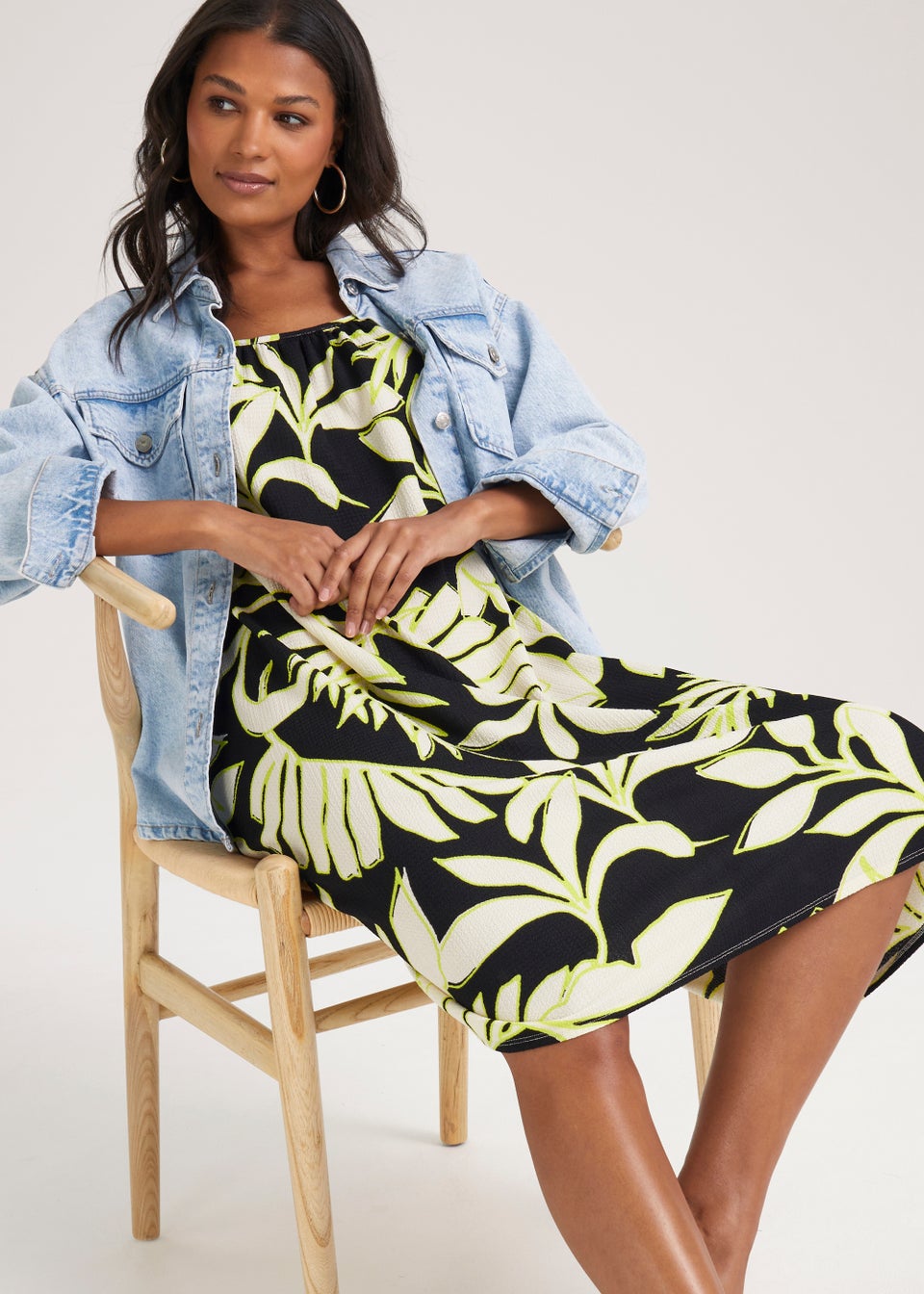Black & White Leaf Swing Midi Cami Dress