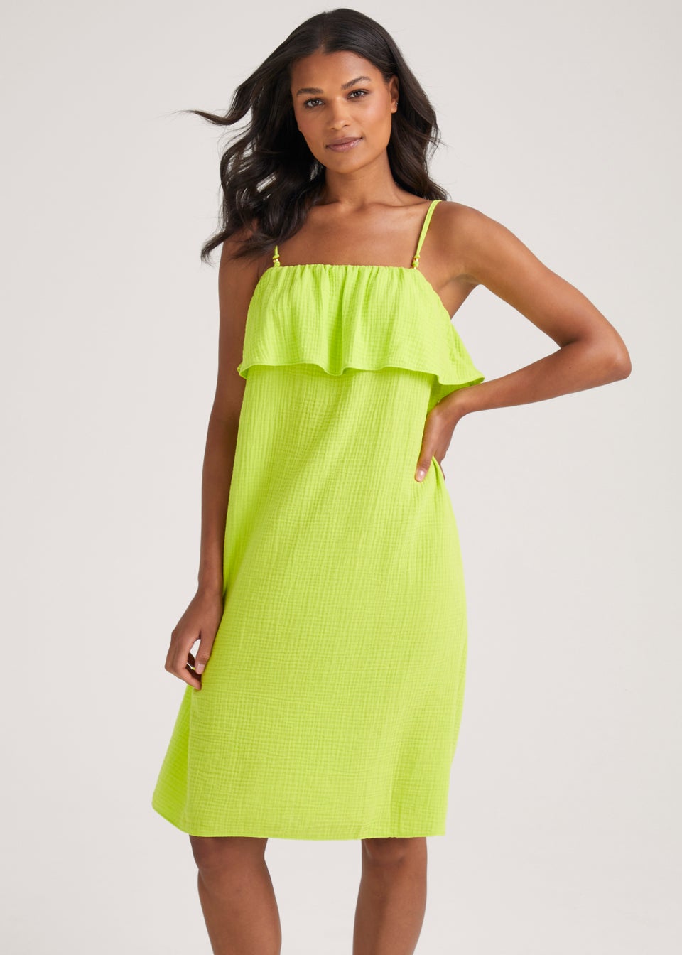 Lime Double Cloth Beaded Knee Length Dress