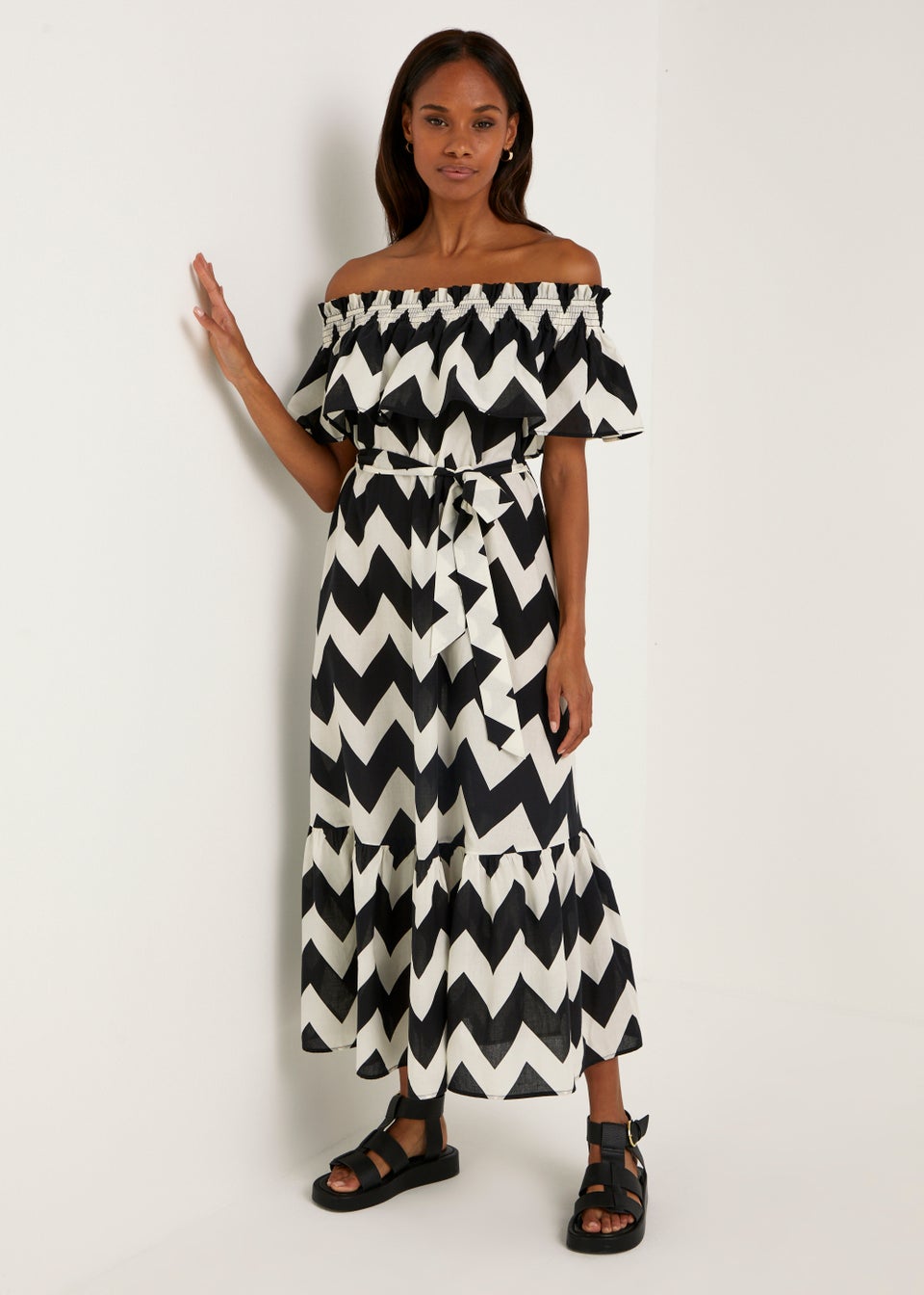 Black White Chevron Cotton Bardot Midaxi Dress