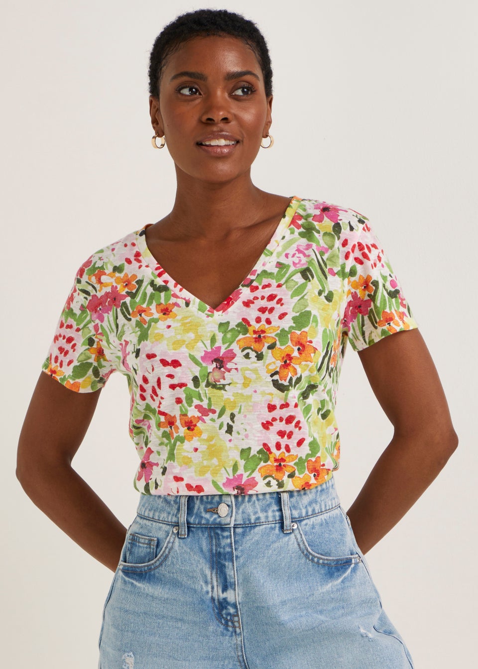 Multicoloured Floral Linen Blend V-Neck T-Shirt