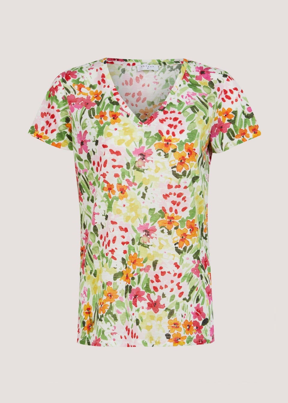 Multicoloured Floral Linen Blend V-Neck T-Shirt
