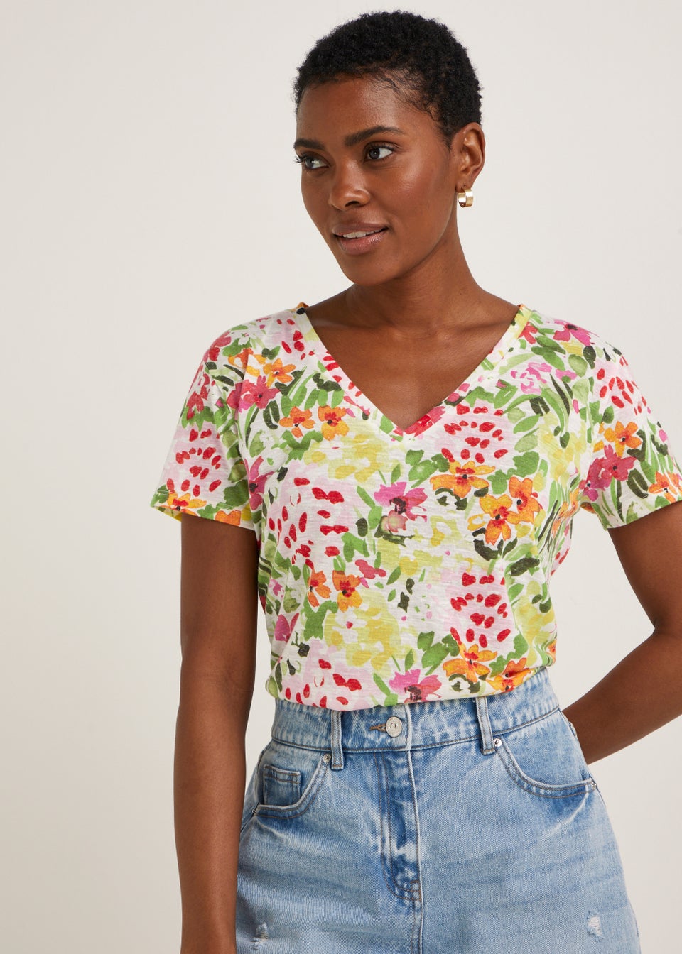 Multicoloured Floral Linen Blend V-Neck T-Shirt