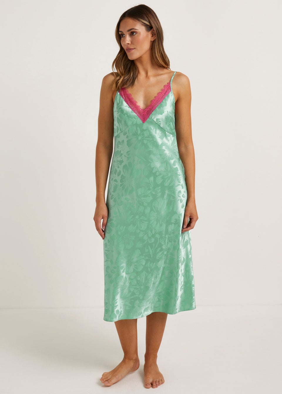 Green Floral Satin Nightie Matalan