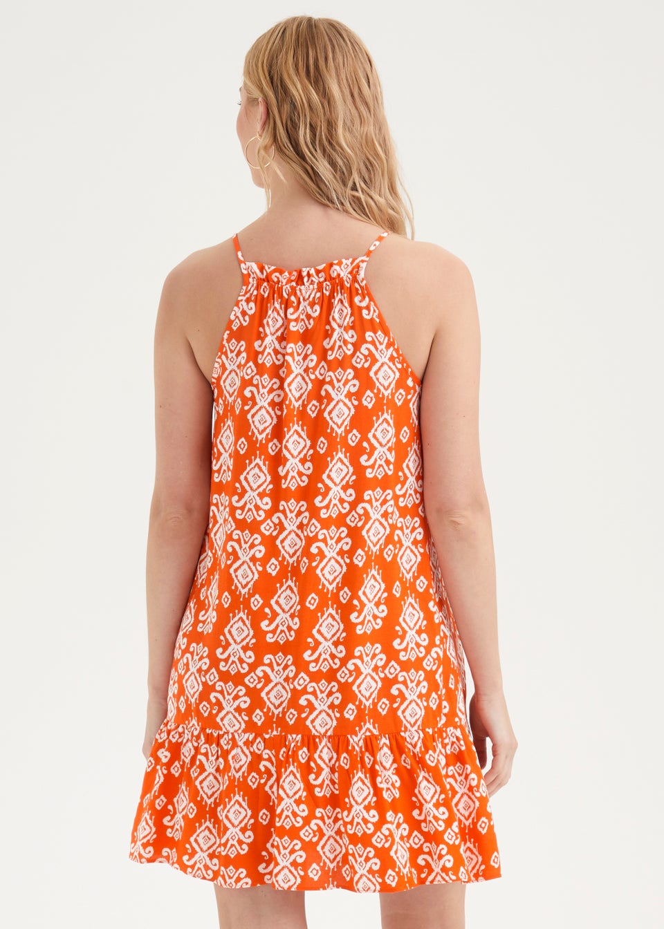 Orange Printed High Neckline Mini Dress
