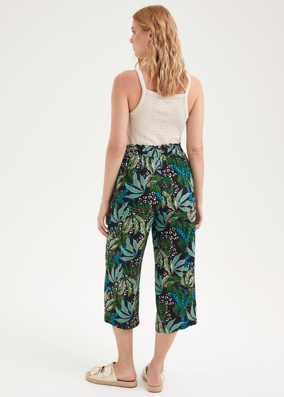 Green Leaf Print Wide Leg Trousers