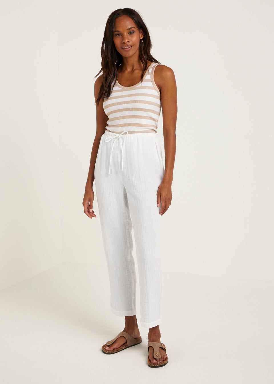 NEW ex Matalan Navy White Contrast Stitched Linen Belted Cropped Trousers  10-18 | eBay