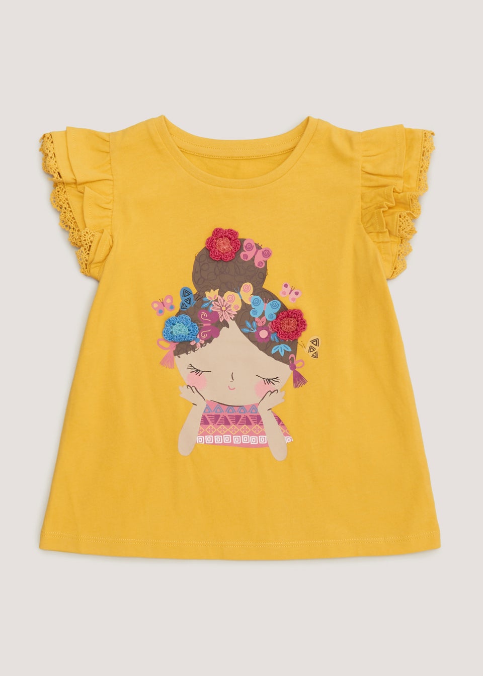 Girls Yellow Print Crochet Flower T-Shirt (9mths-6yrs)