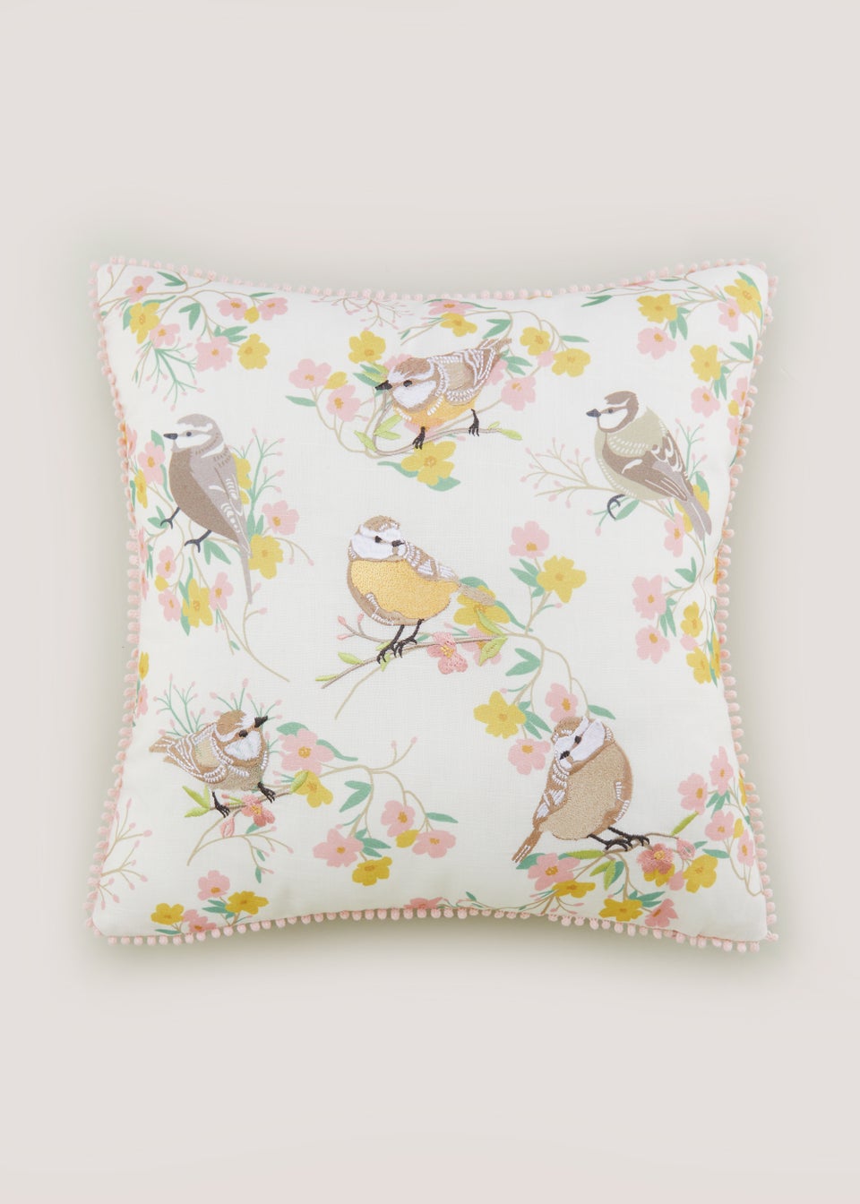 Multicoloured Bird Print Embroidered Cushion (43cm x 43cm)