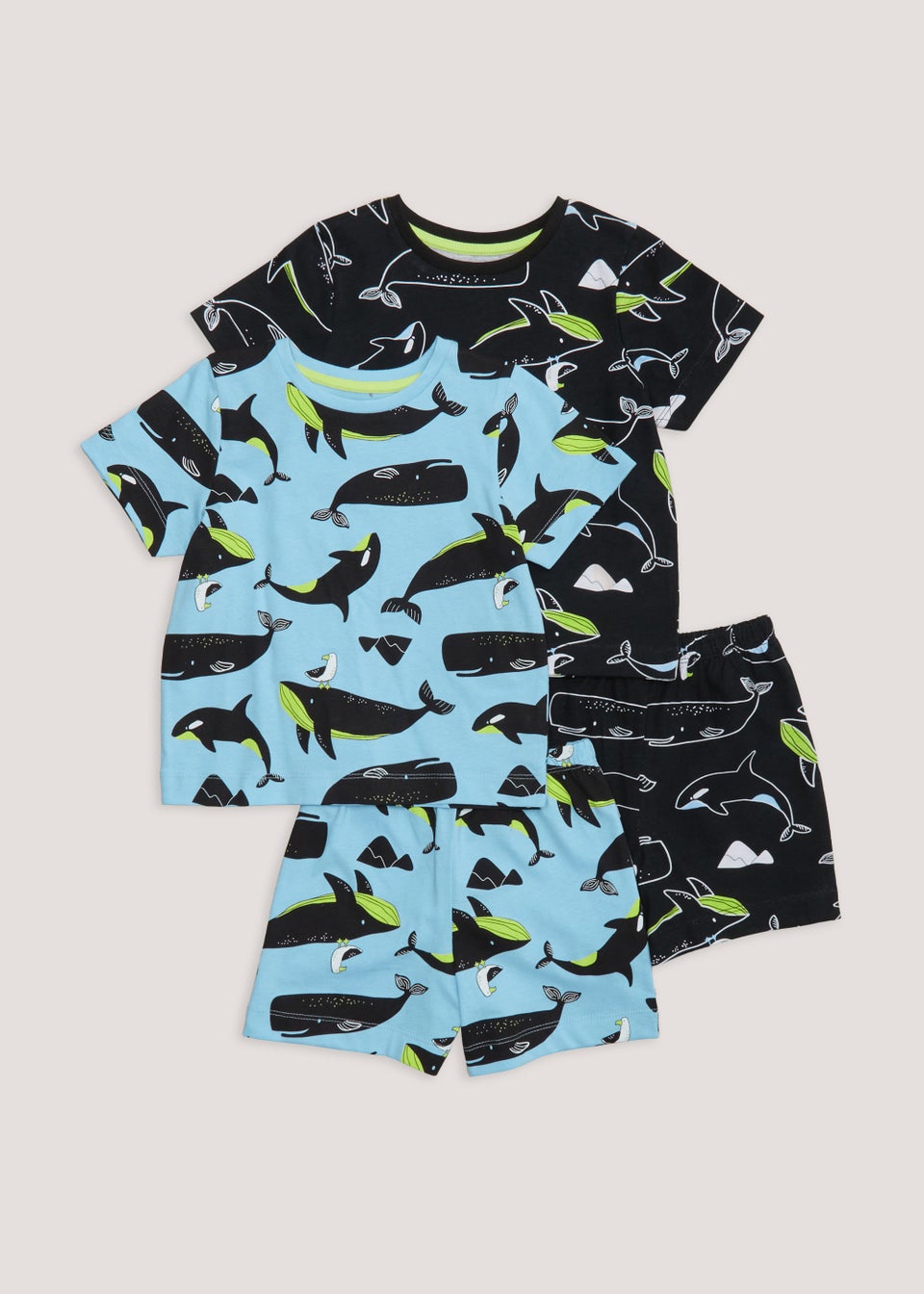 Boys 2 Pack Black Whale Print Short Pyjama Sets 9mths 5yrs