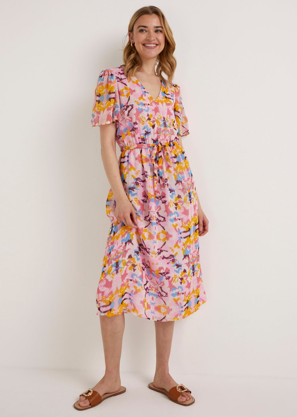 JDY Summer Pink Print Short Sleeve Midi Dress - Matalan