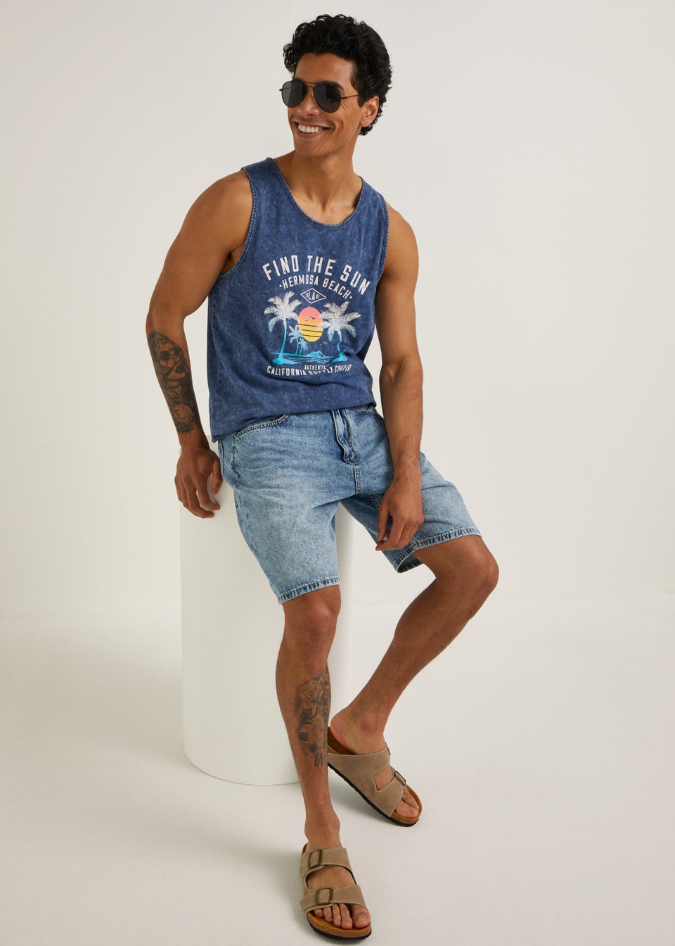 Navy Acid Wash Find The Sun Print Vest Top