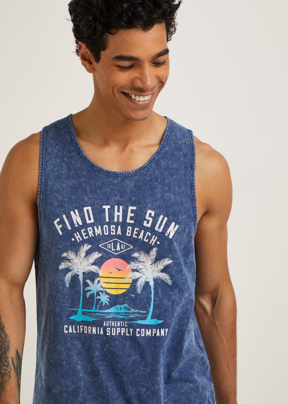 Navy Acid Wash Find The Sun Print Vest Top