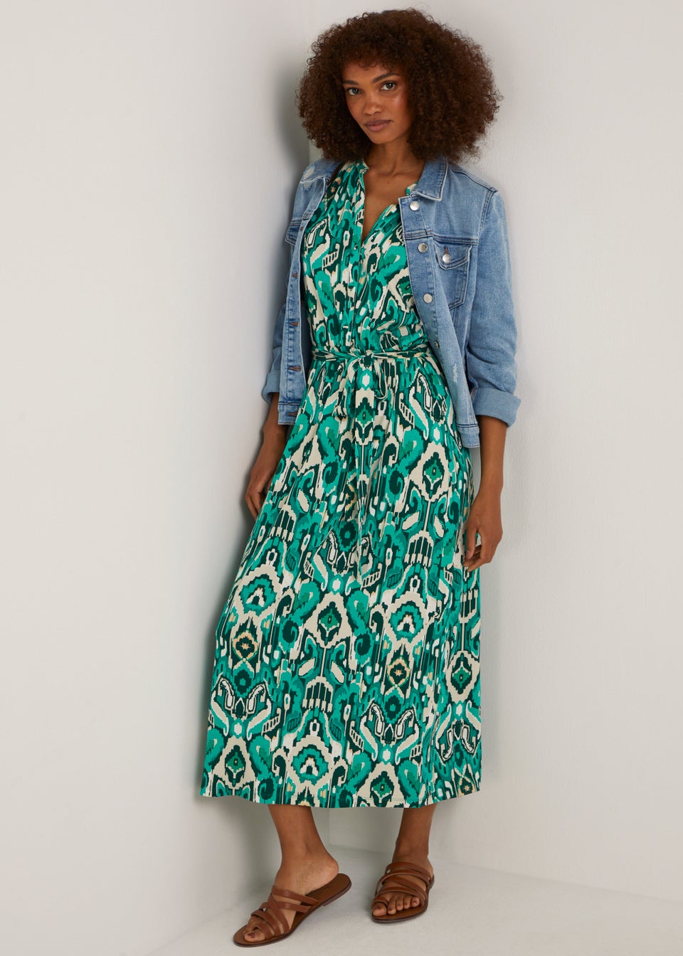 Multicoloured Green Sleeveless Shirt Dress