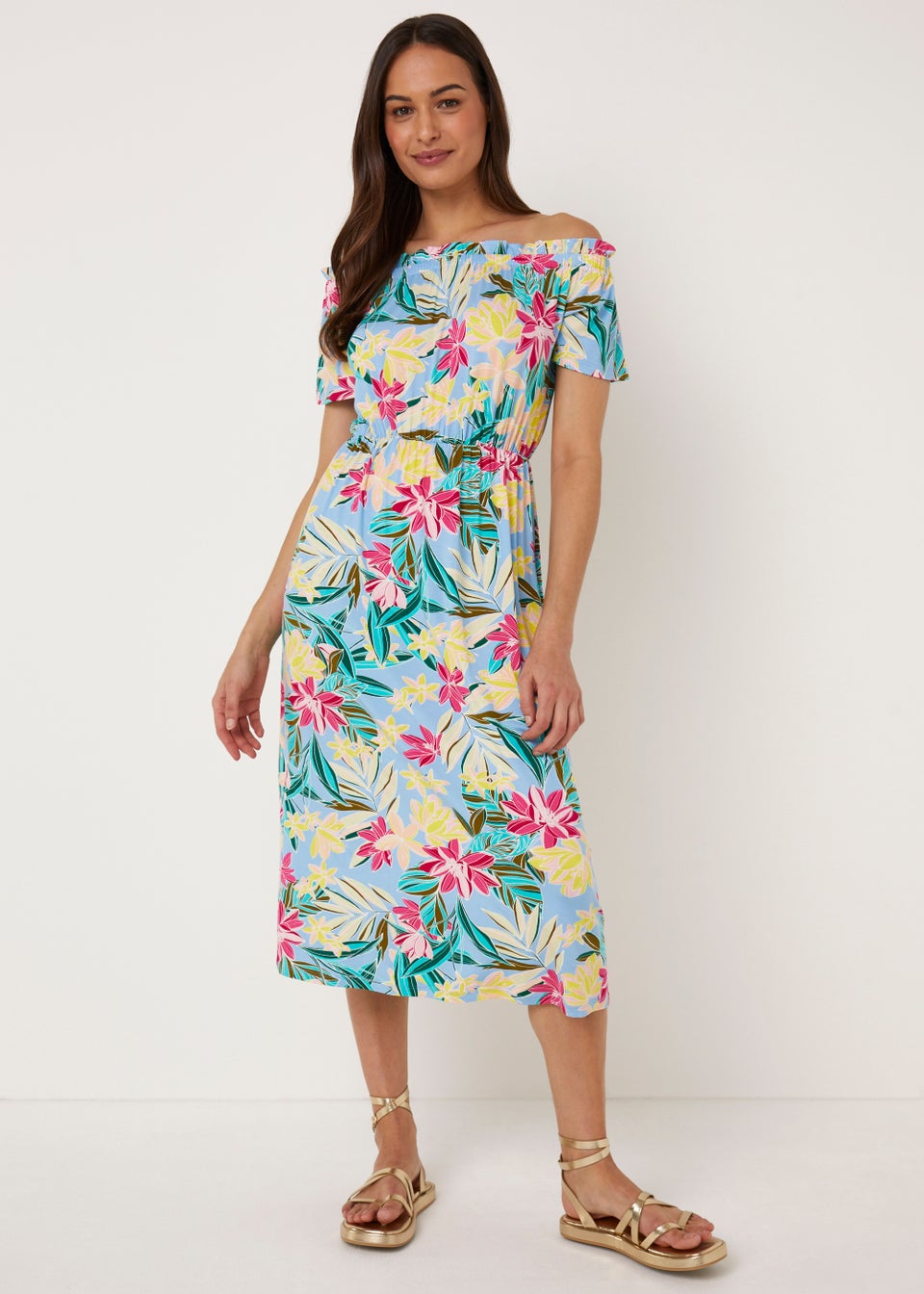 Blue Floral Bardot Midi Dress Matalan