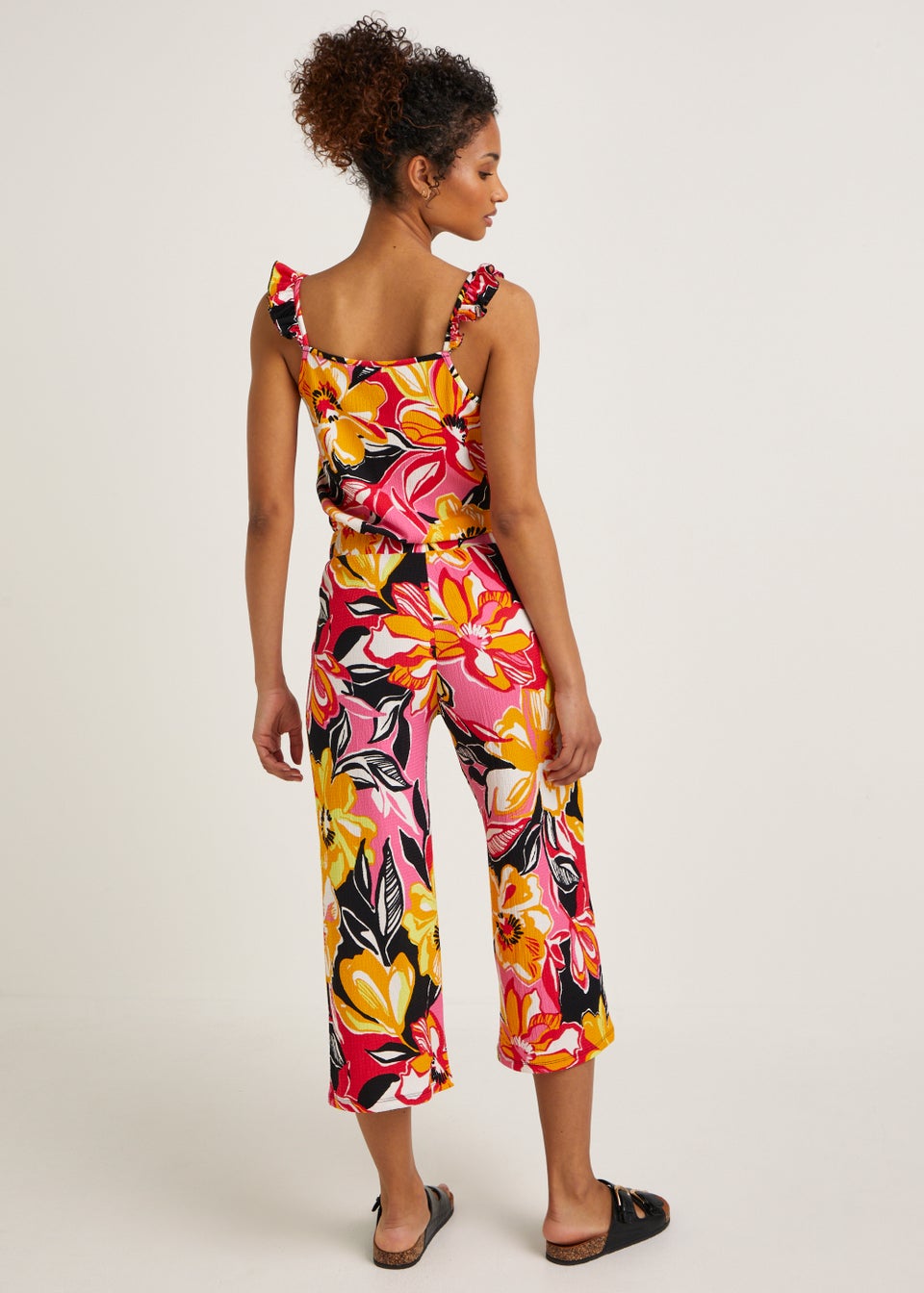 Multicoloured Floral Textured Cropped Wide Leg Co-Ord Trousers