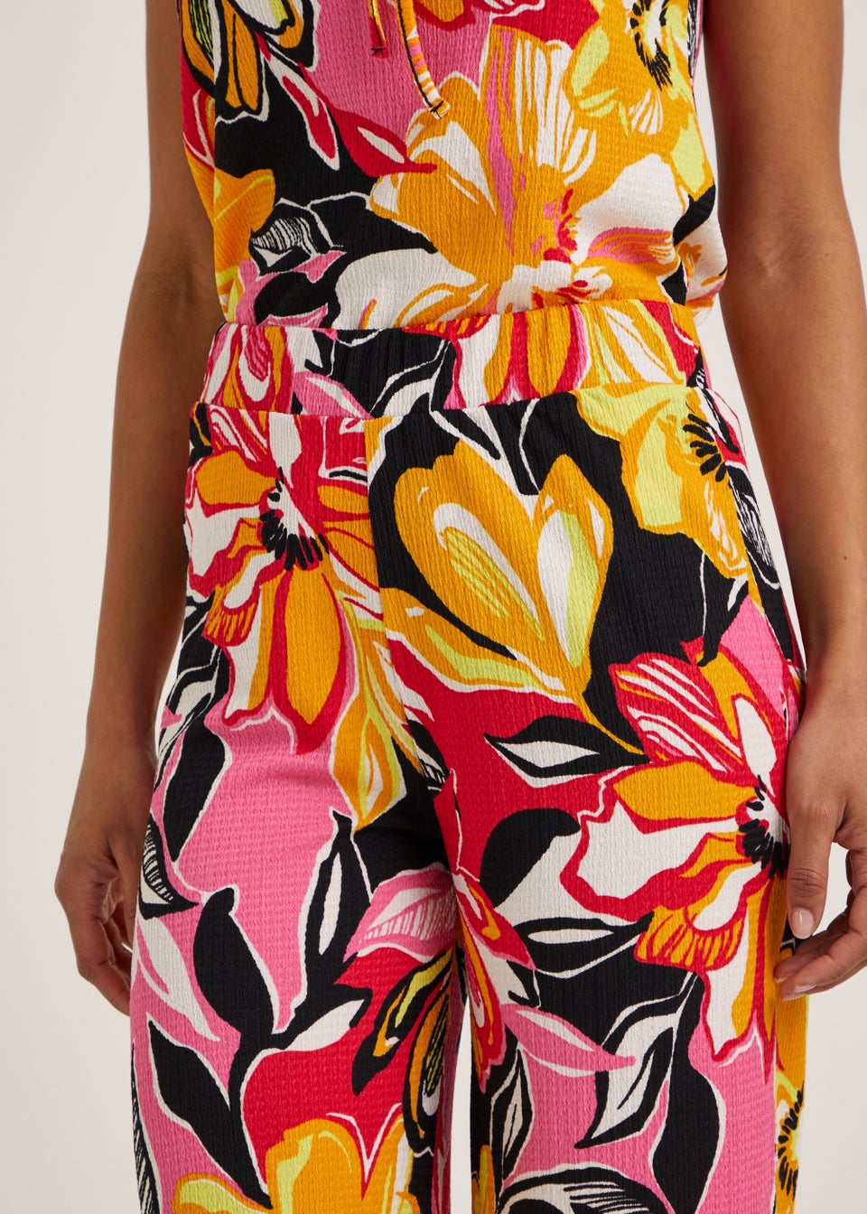 Multicoloured Floral Textured Cropped Wide Leg Co-Ord Trousers