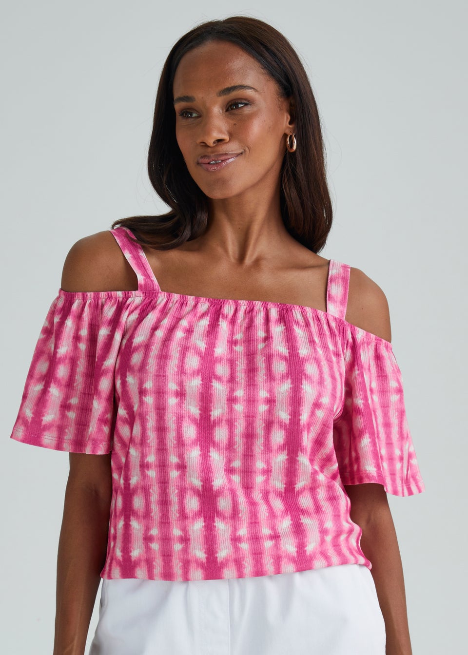 Pink Print Textured Bardot Top