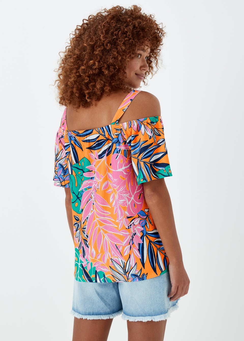 Multicoloured Tropical Print Textured Bardot Top