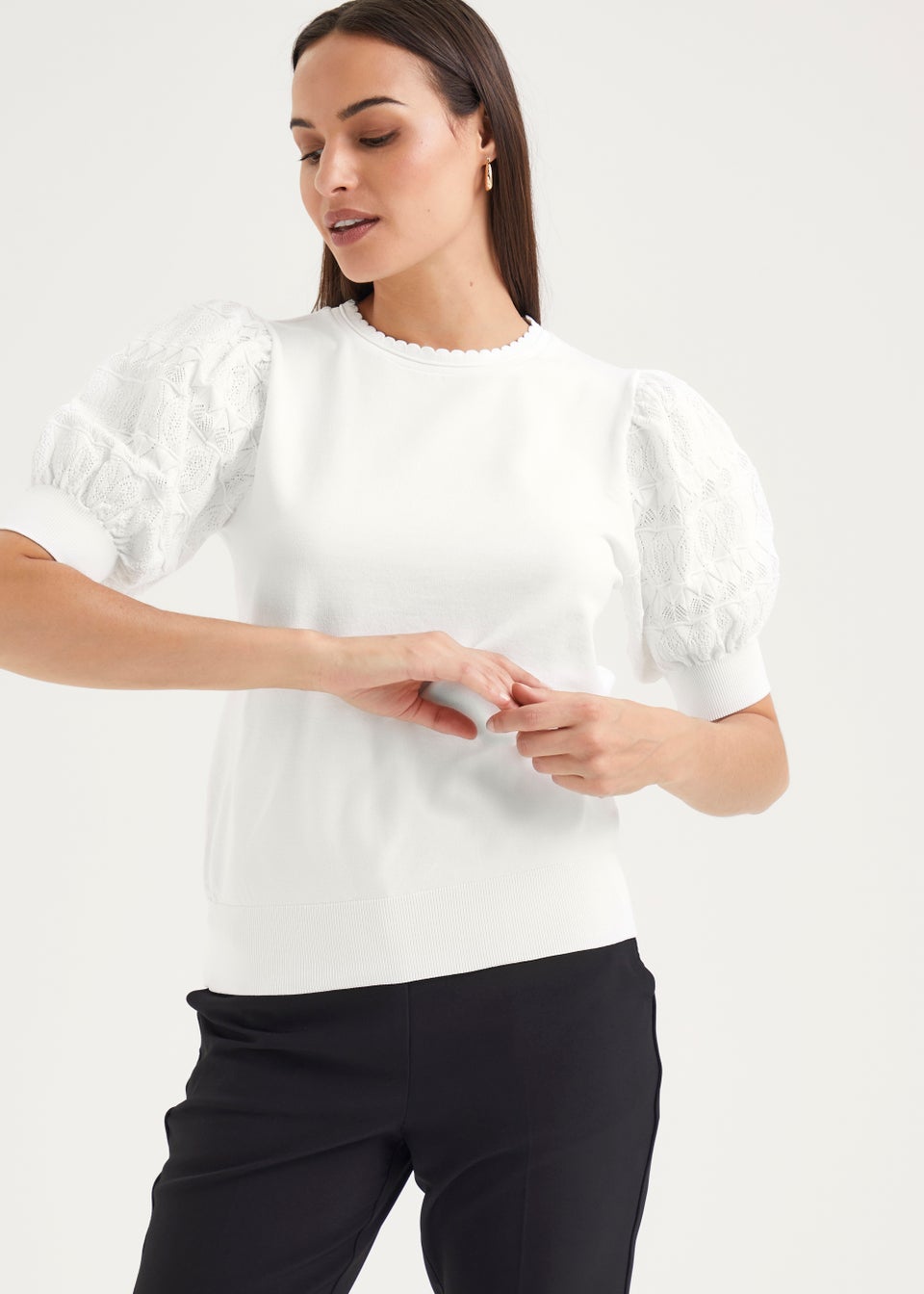 Et Vouse White Pointelle Sleeve Knitted Top