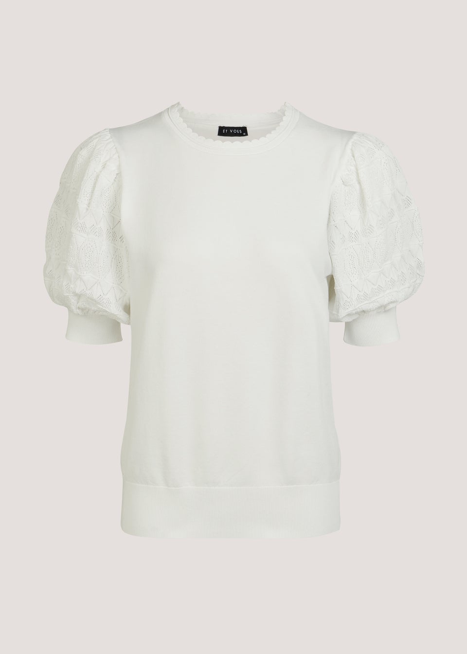 Et Vouse White Pointelle Sleeve Knitted Top
