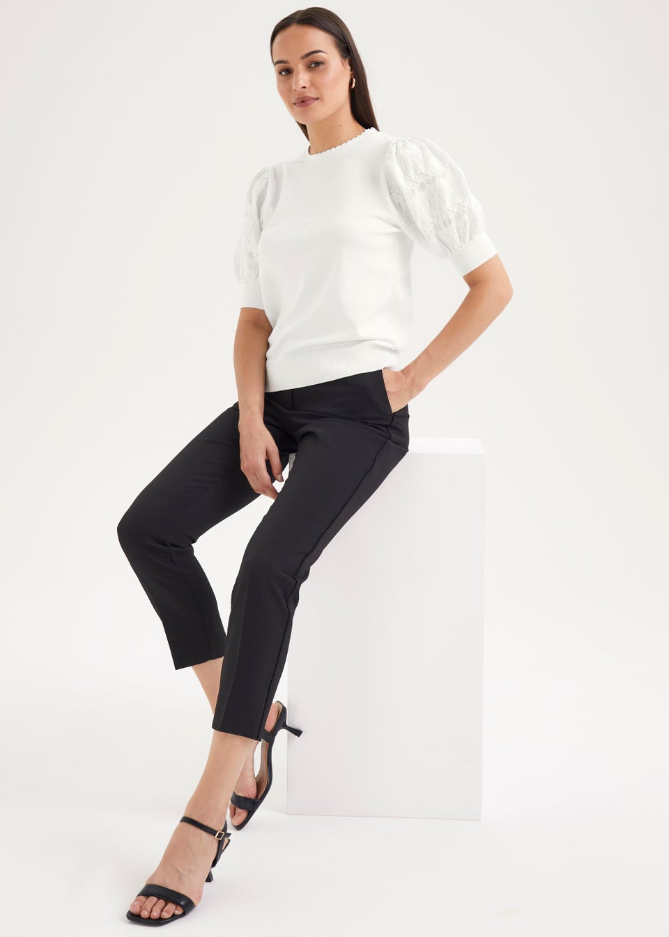 Et Vouse White Pointelle Sleeve Knitted Top