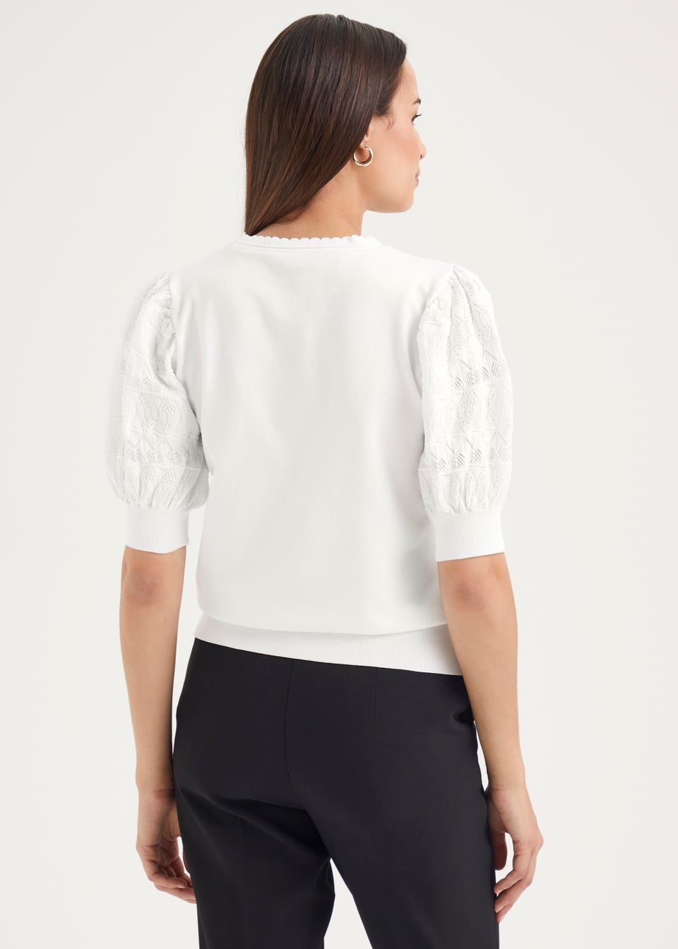 Et Vouse White Pointelle Sleeve Knitted Top