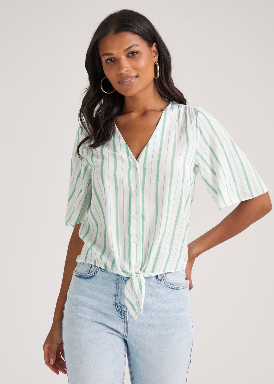 Green Stripe Tie Front Shirt