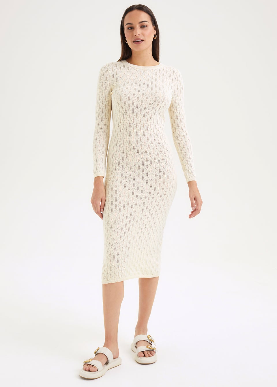 Et Vous Cream Crochet Look Long Sleeve Dress