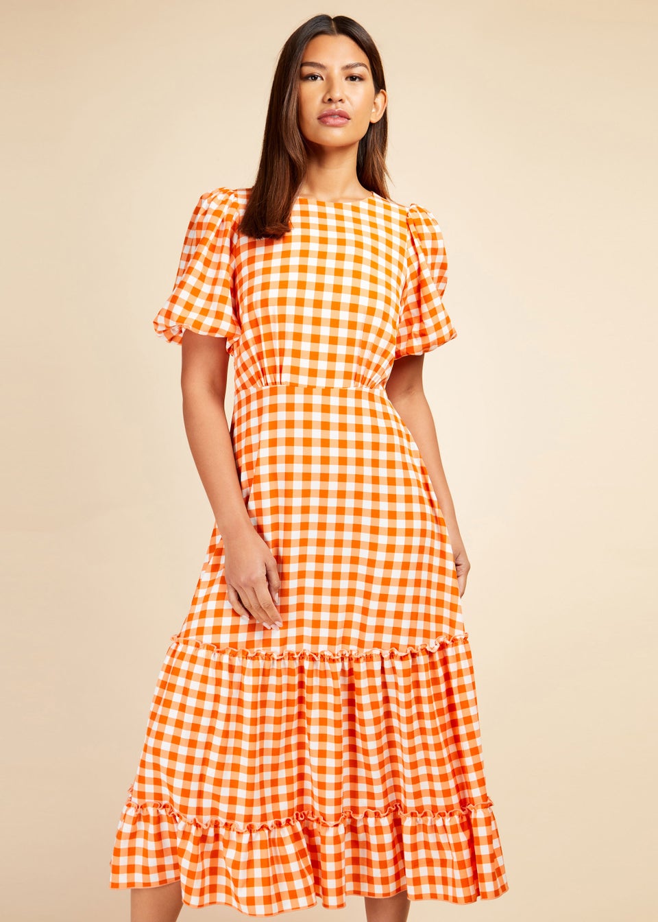 Little Mistress Orange Gingham Tiered Midi Dress