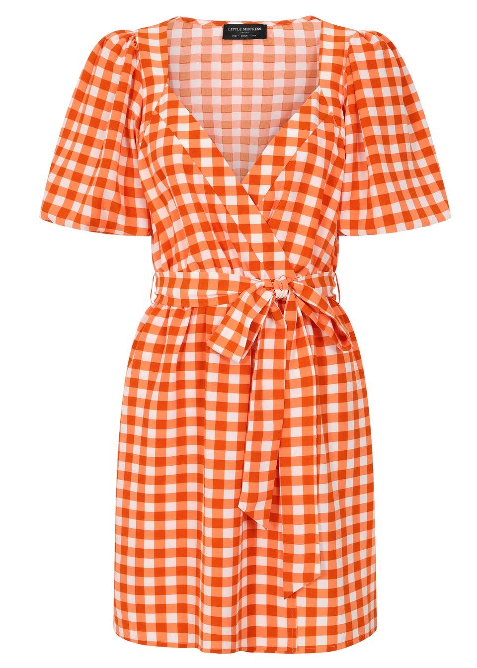 Little Mistress Orange Gingham Puff Sleeve Mini Wrap Dress