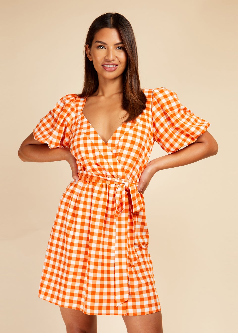 Little Mistress Orange Gingham Puff Sleeve Mini Wrap Dress