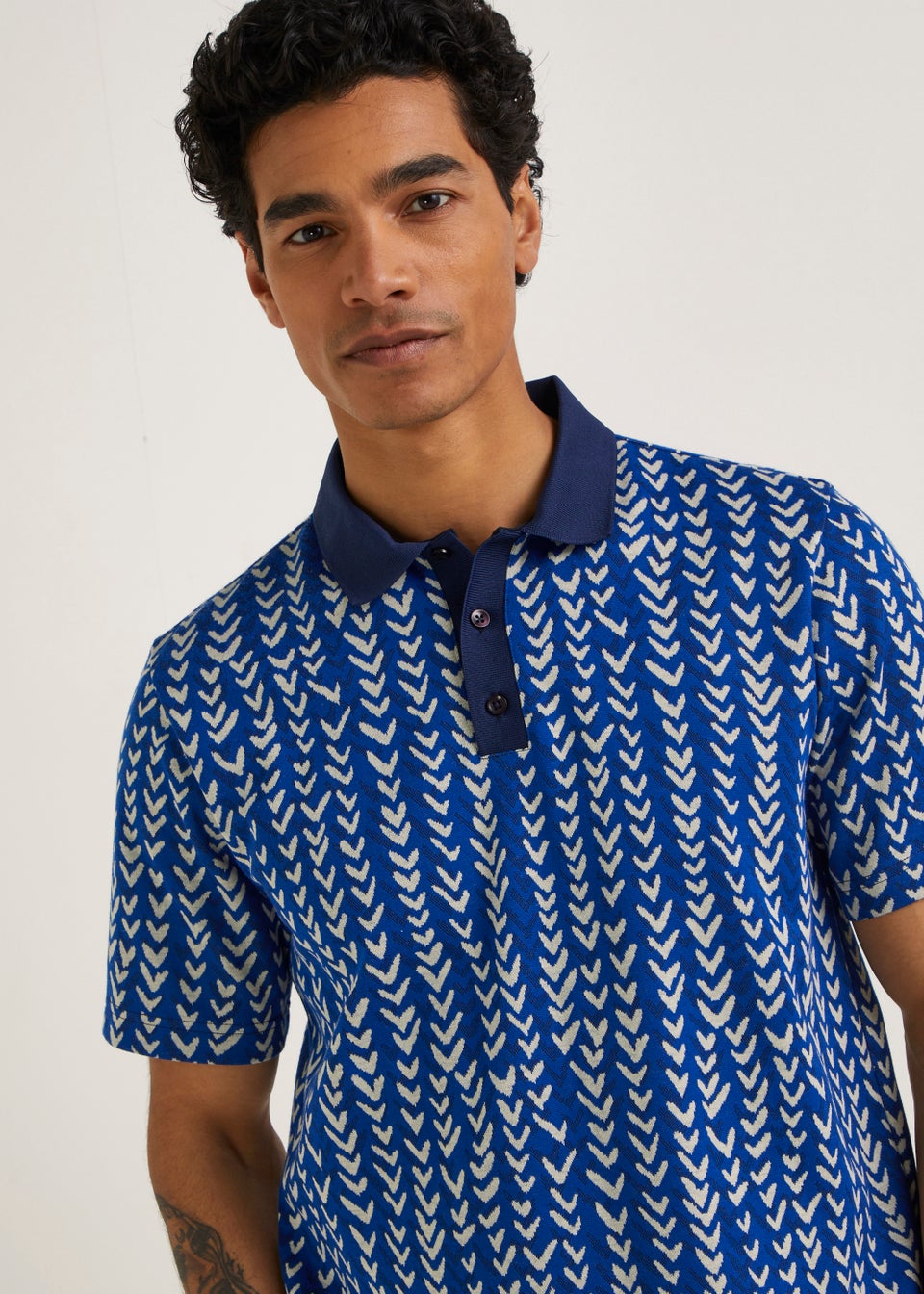 Cobalt Blue Arrow Print Jacquard Polo Shirt - Matalan
