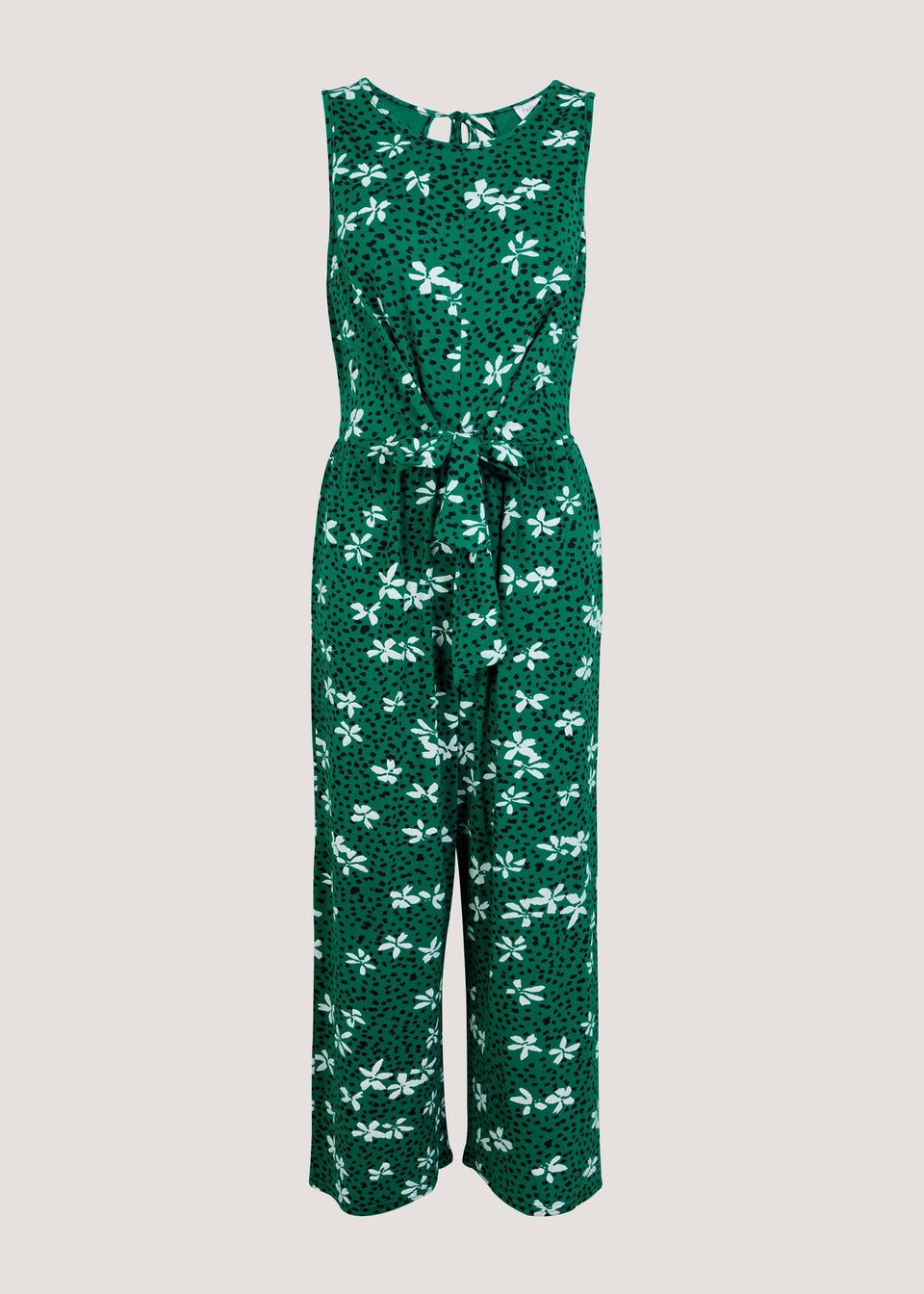 Green Print Tie Front Jumpsuit