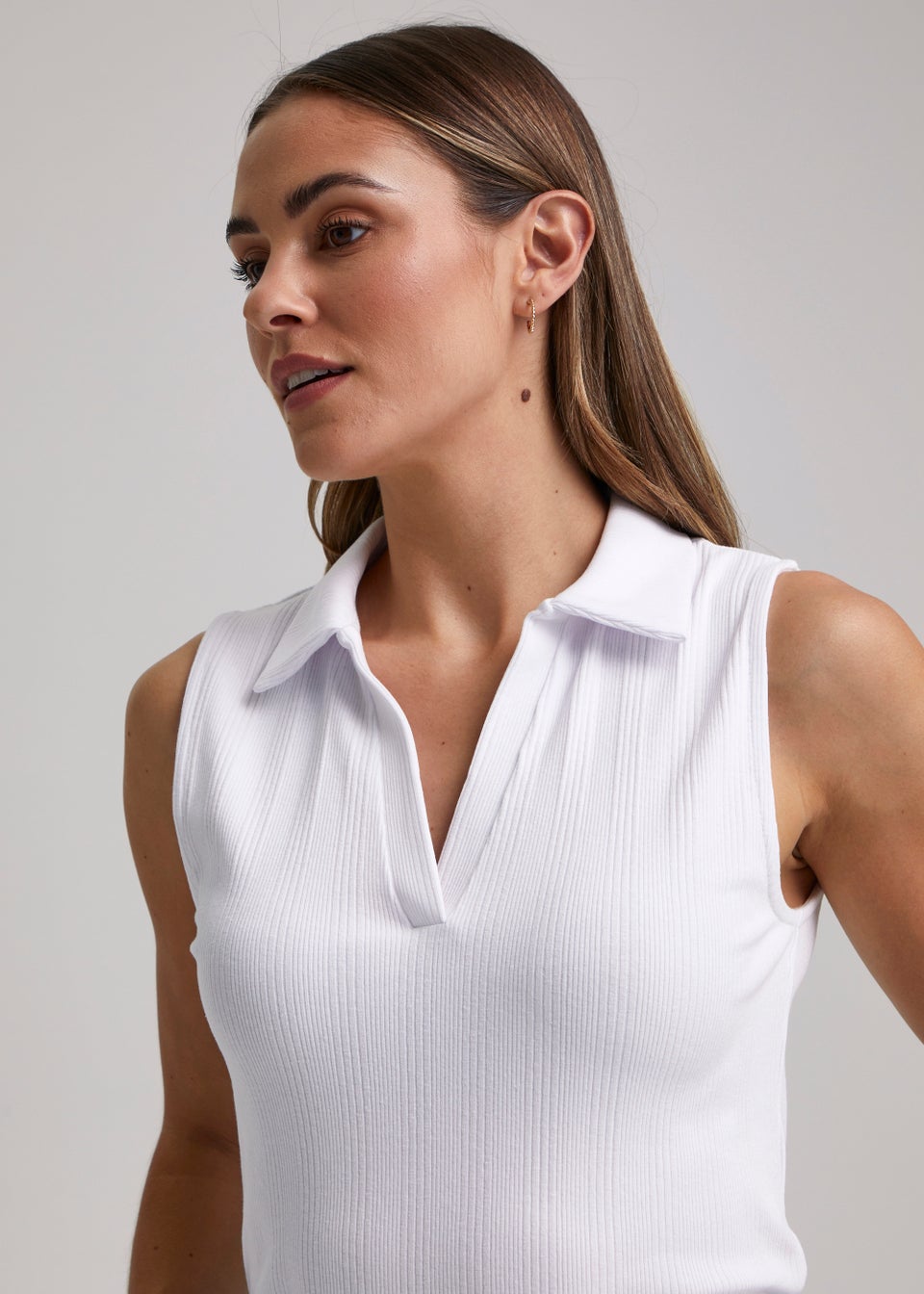 White Ribbed Collar Vest Top