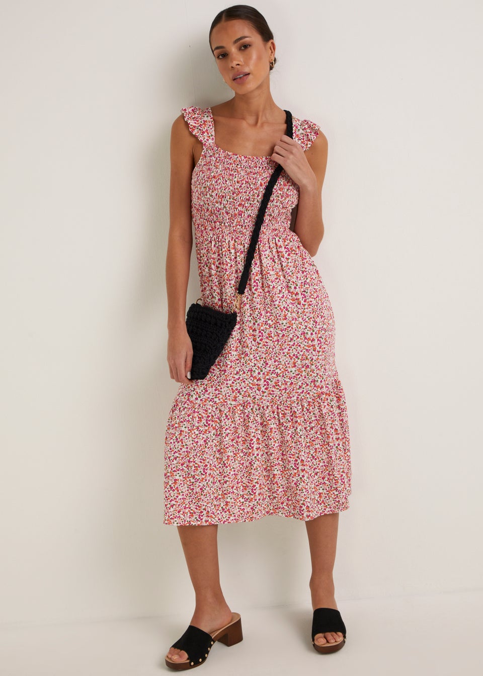 Pink Ditsy Floral Shirred Frill Sleeve Midi Dress