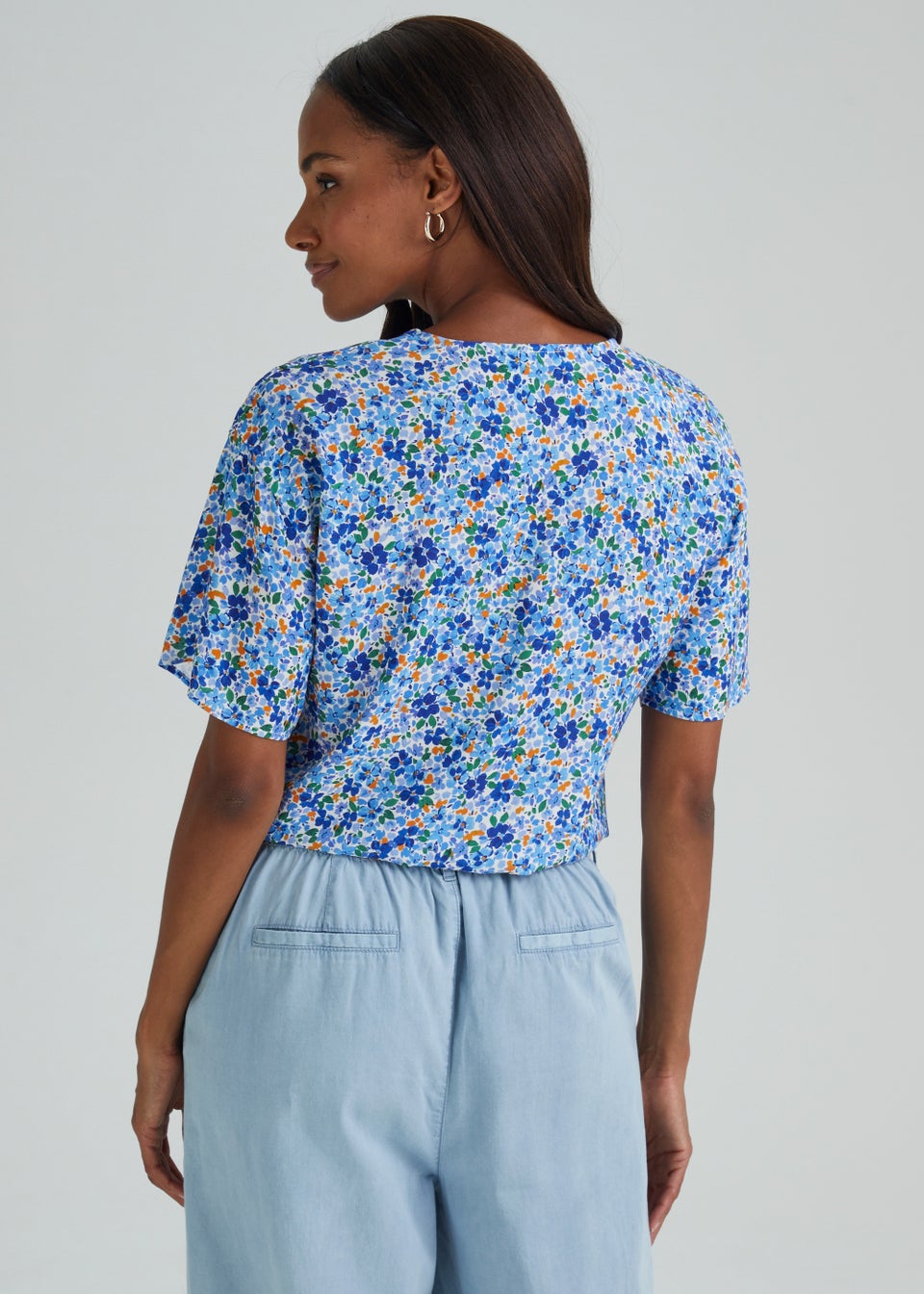 Blue Floral Tie Front Blouse