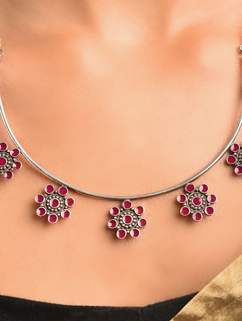 Women Pink Enameled Silver Necklace