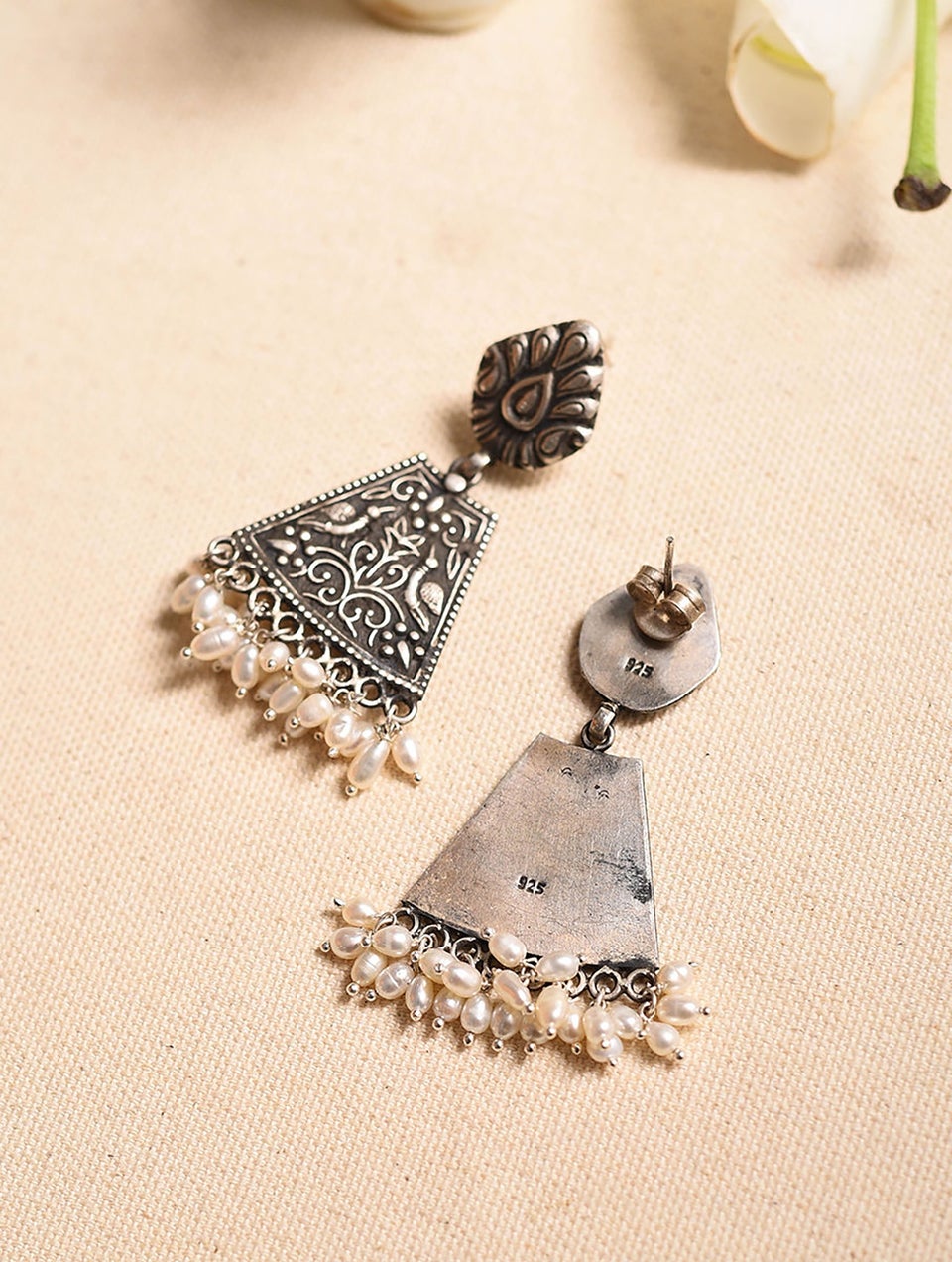 Women Tribal Silver Earrings With Pearls