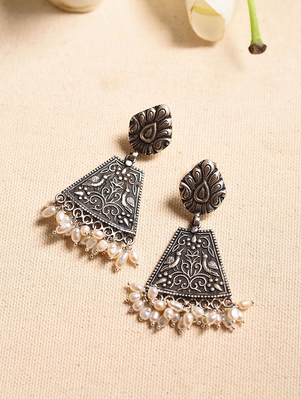 Women Tribal Silver Earrings With Pearls