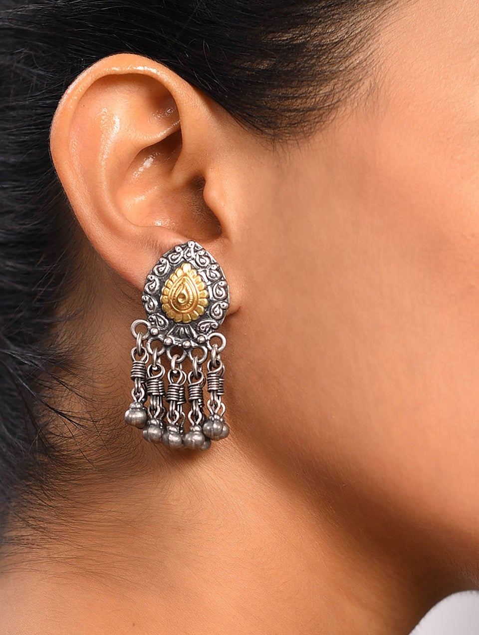 Women Dual Tone Tribal Silver Earrings