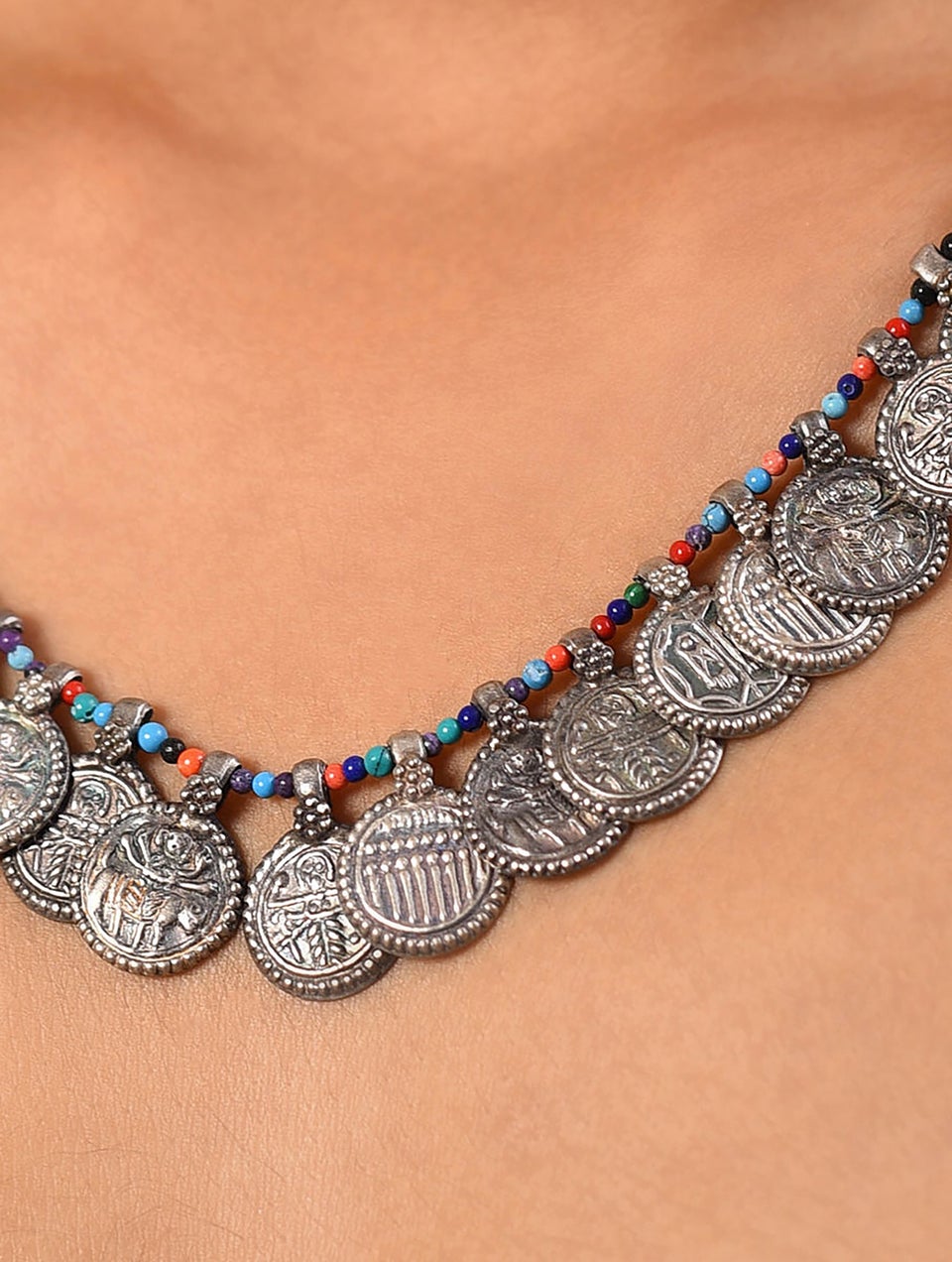 Women Multicolour Tribal Silver Necklace