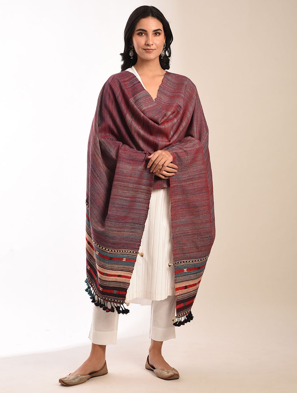 Women Red Handwoven Bhujodi Braided Wool Shawl