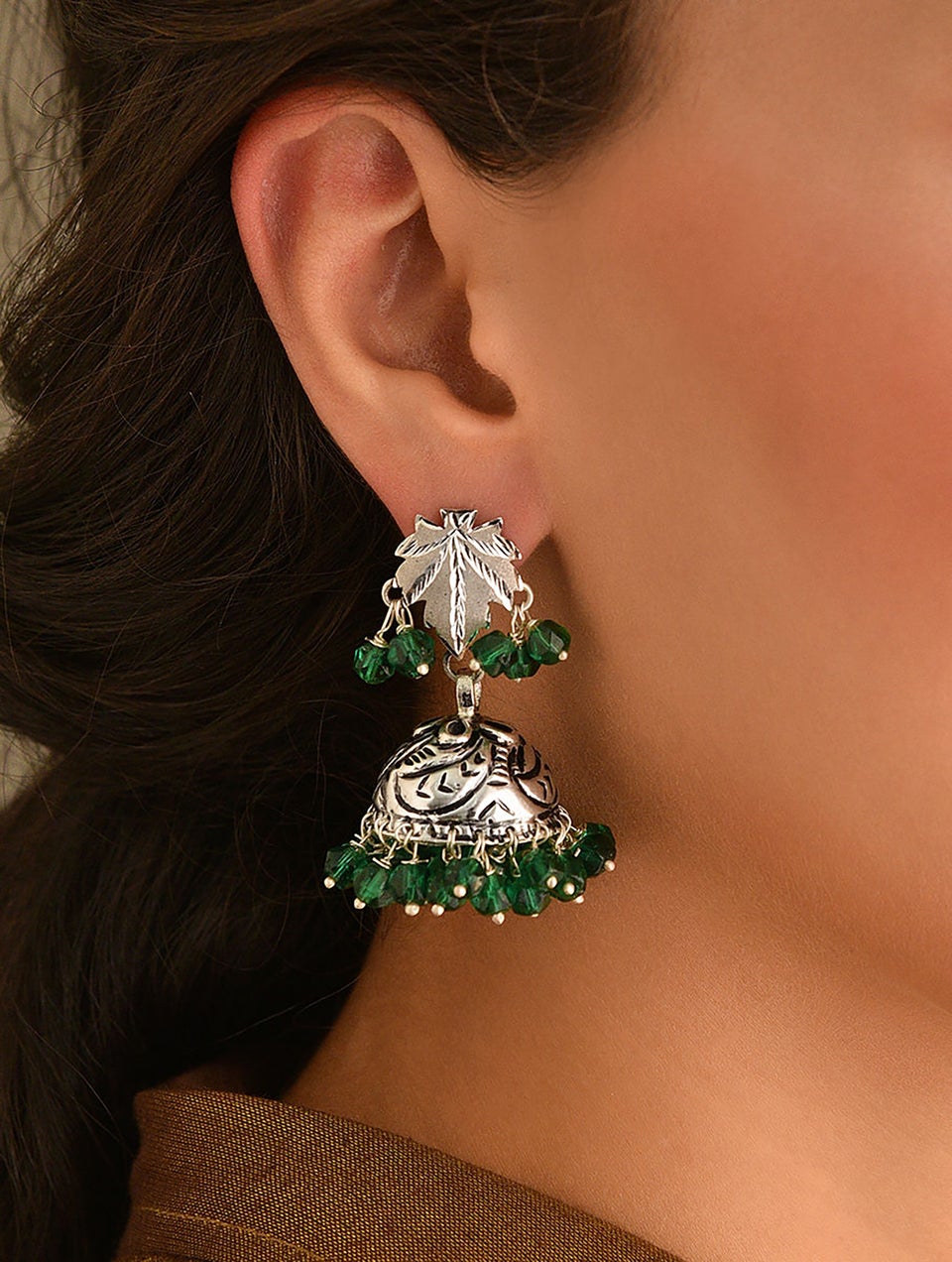 Women Green Tribal Silver Earrings
