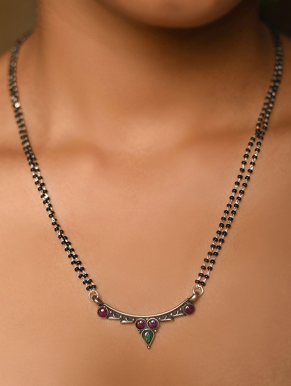 Women Maroon Green Silver Mangalsutra With Earrings