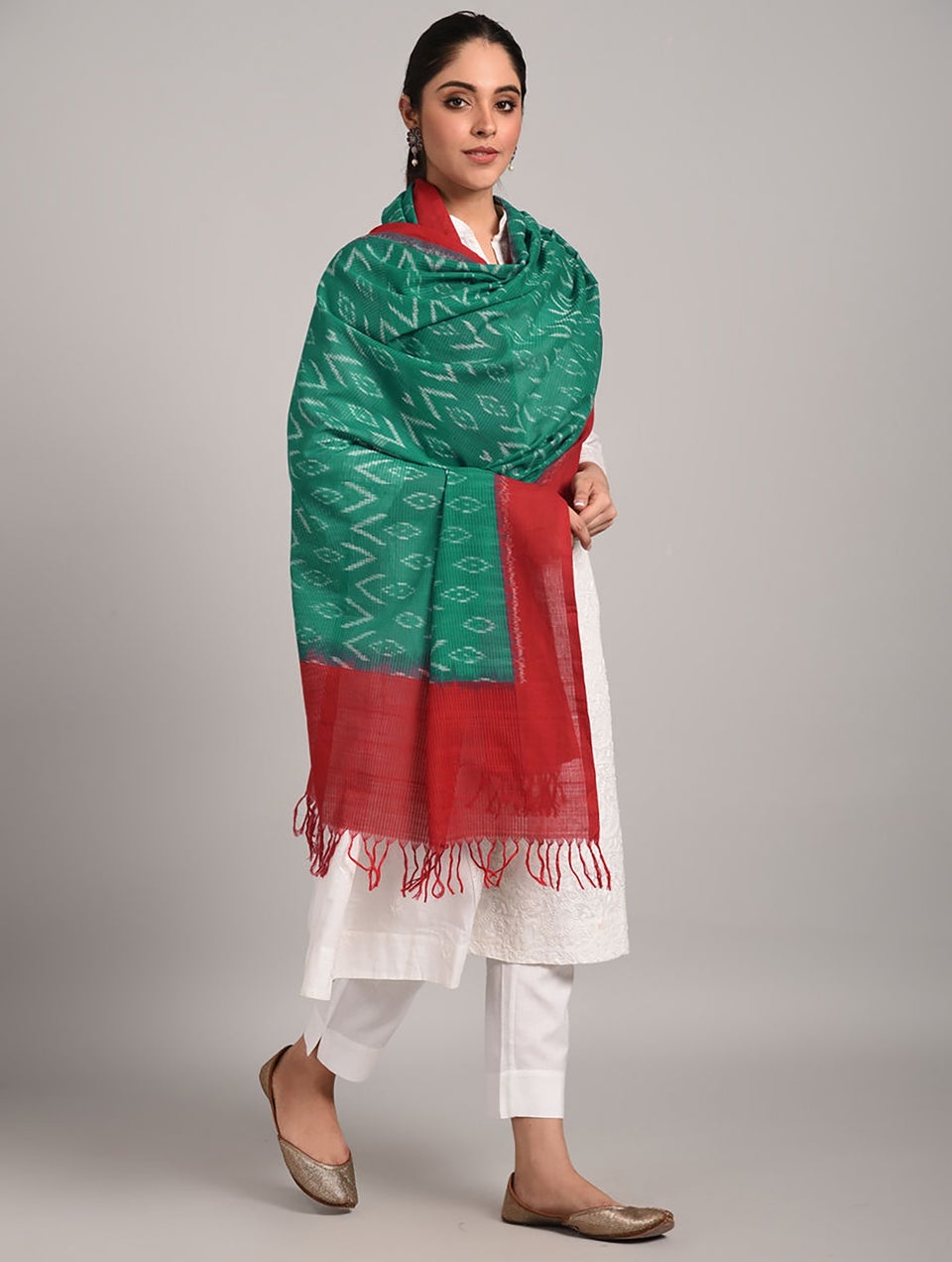 Women Green Handloom Ikat Cotton Dupatta