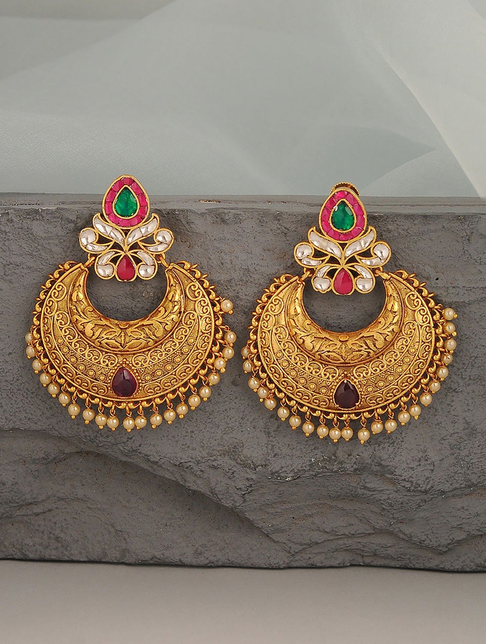 Women Pink Green Gold Tone Temple Earrings With Pearls